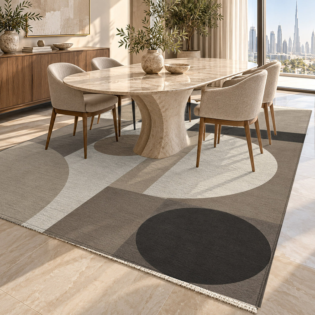 Bauhaus Balance Ivory Taupe Modern Washable Rug — dubai dining