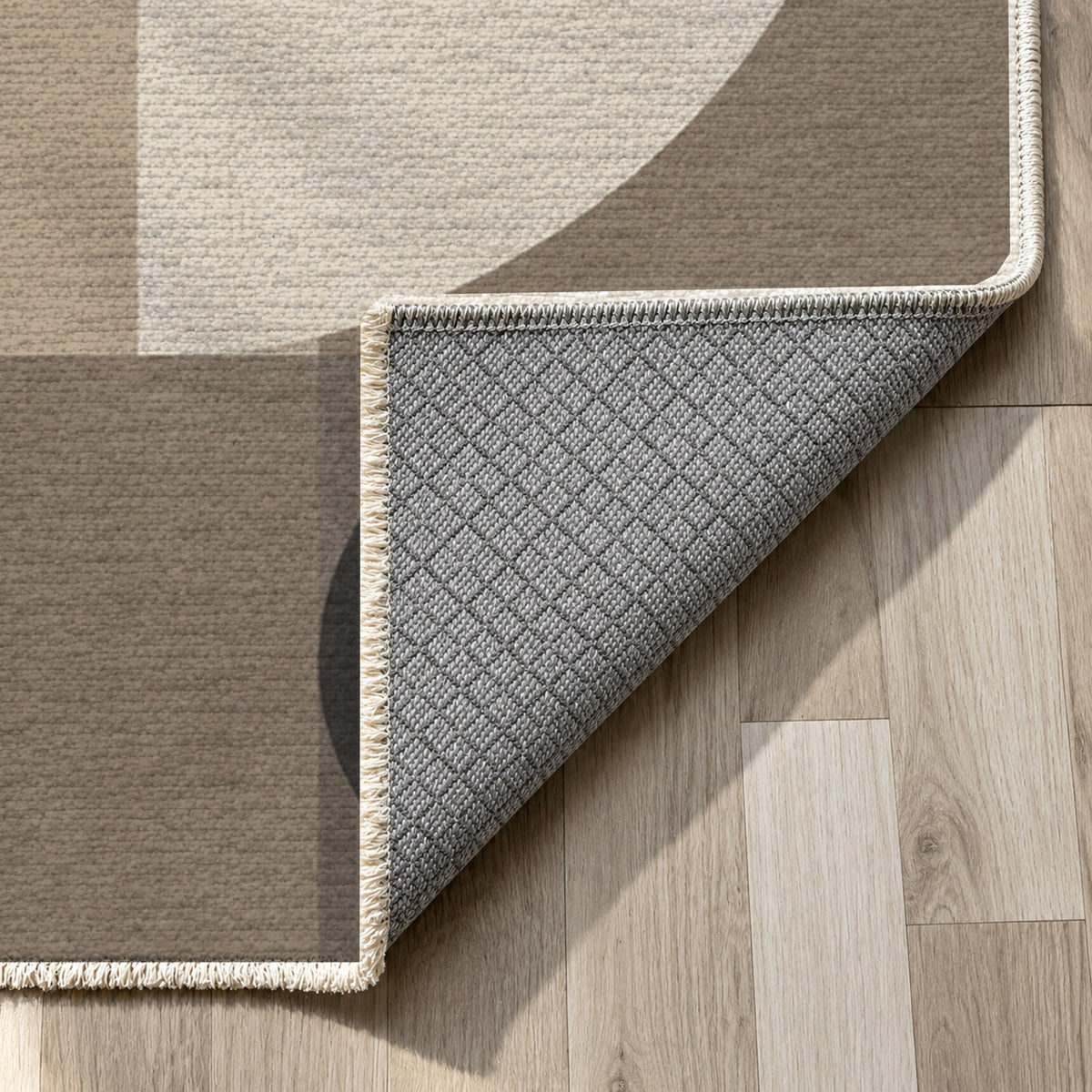Bauhaus Balance Ivory Taupe Modern Washable Rug — backing close up