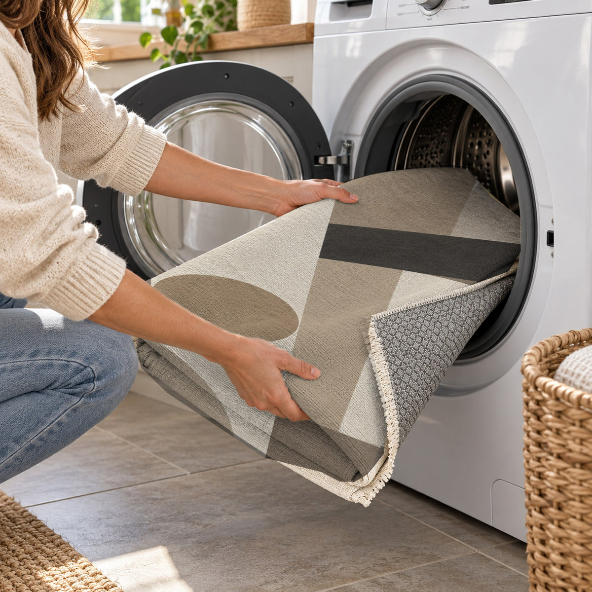 Bauhaus Balance Ivory Taupe Modern Washable Rug — washing machine
