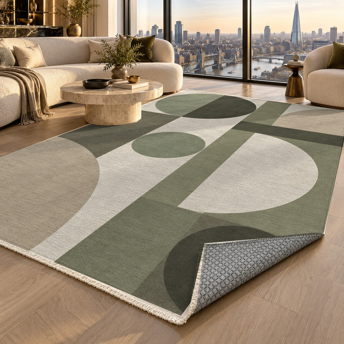 Bauhaus Balance Sage Sand Modern Washable Rug — london luxury living