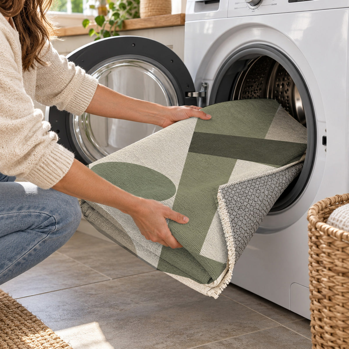 Bauhaus Balance Sage Sand Modern Washable Rug — washing machine