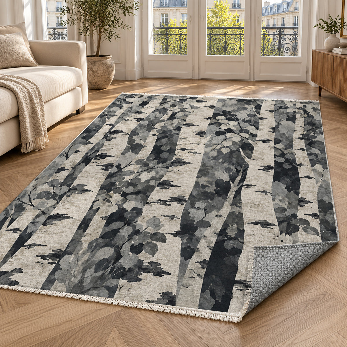 Birch Grove Charcoal Floral Washable Rug — paris living