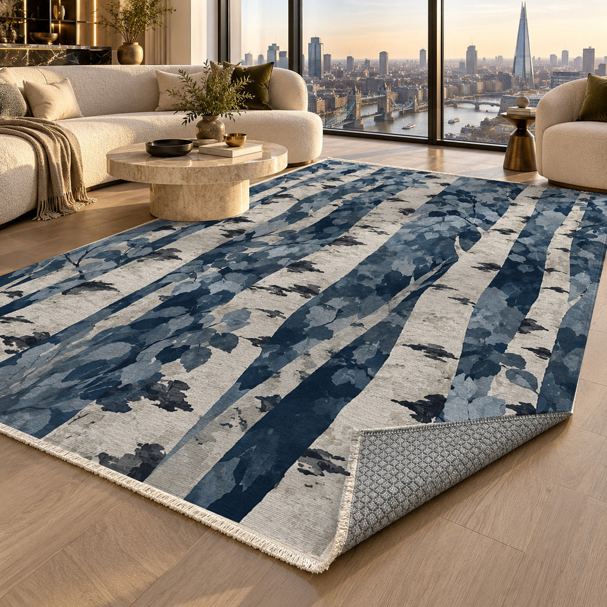 Birch Grove Indigo Floral Washable Rug — london luxury living