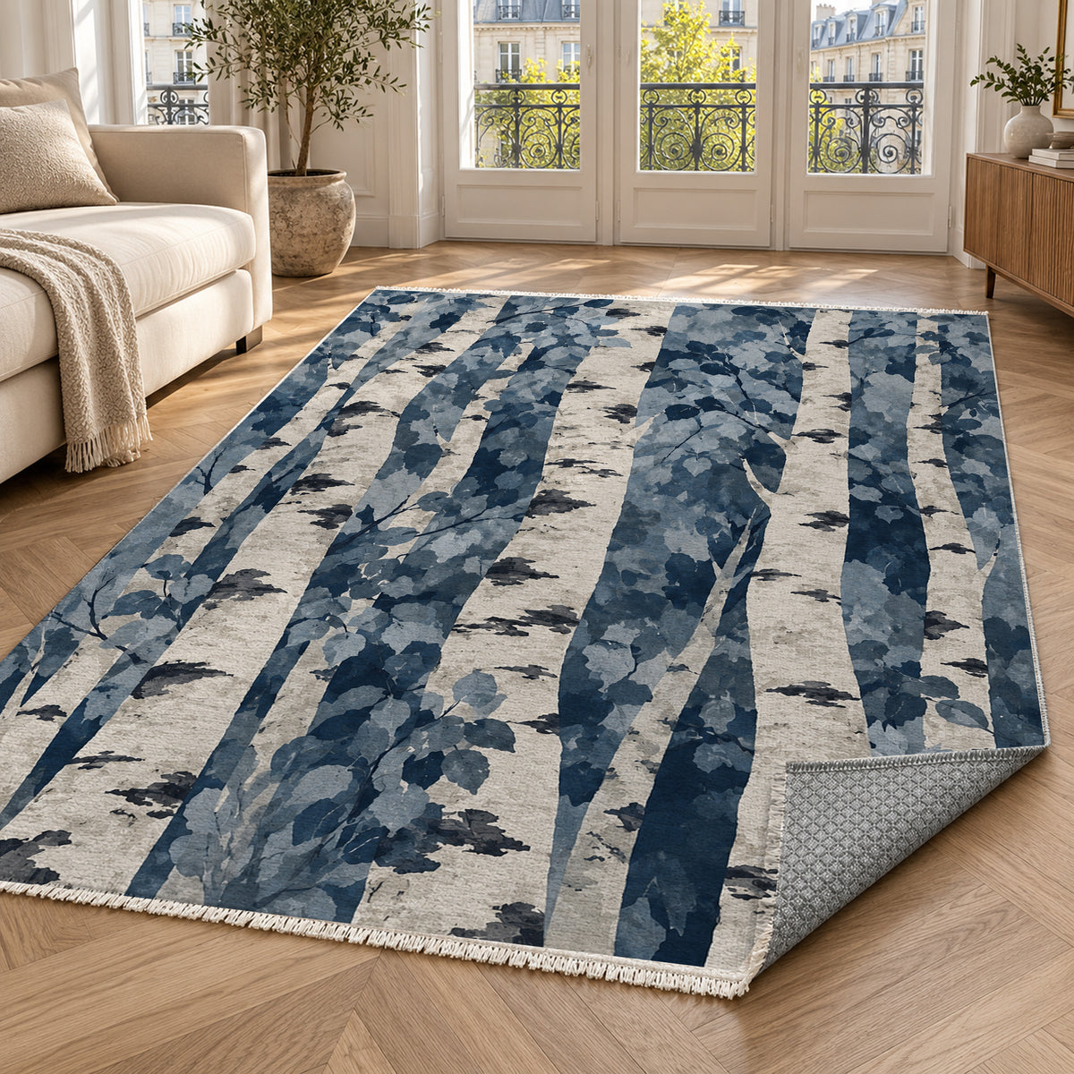 Birch Grove Indigo Floral Washable Rug — paris living