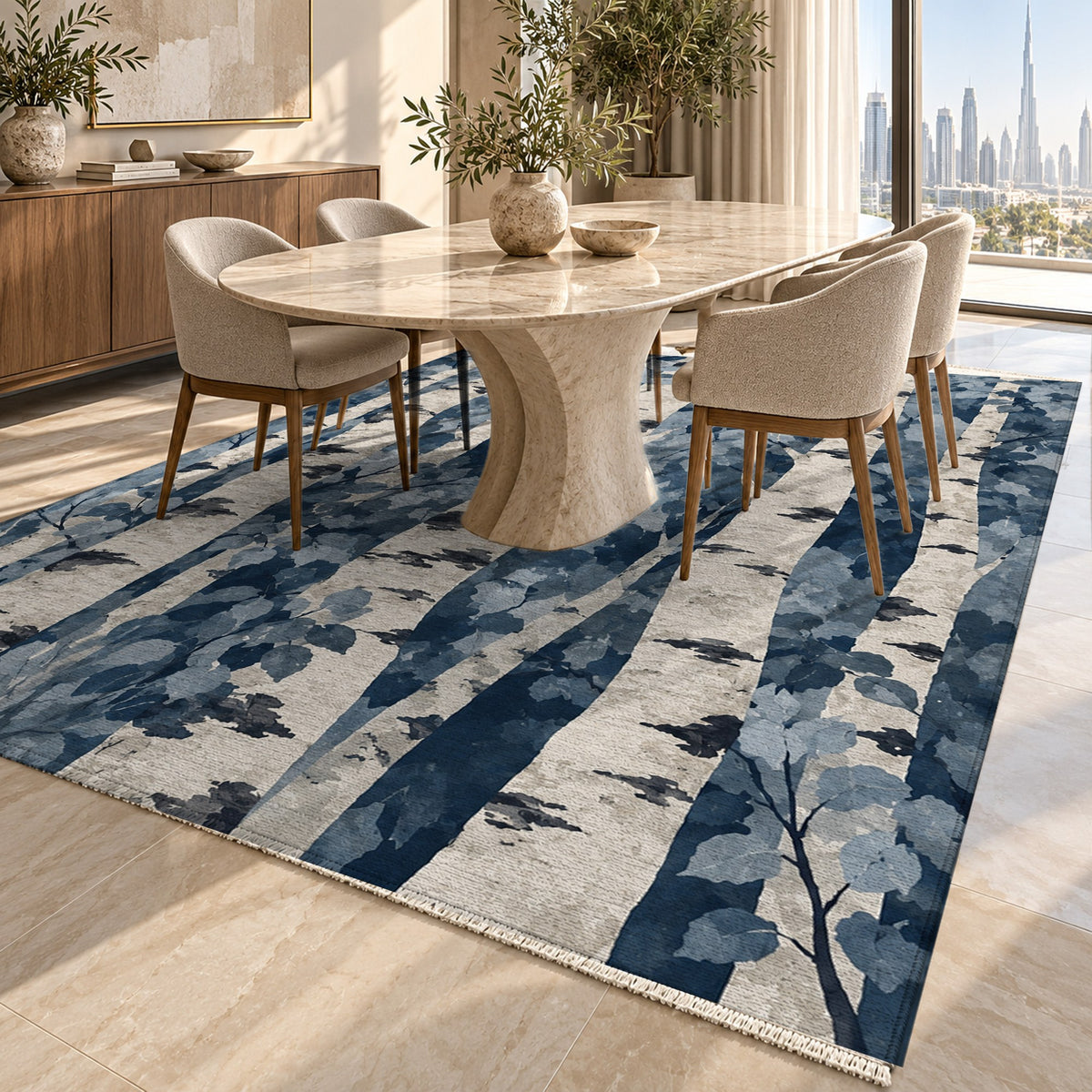 Birch Grove Indigo Floral Washable Rug — dubai dining