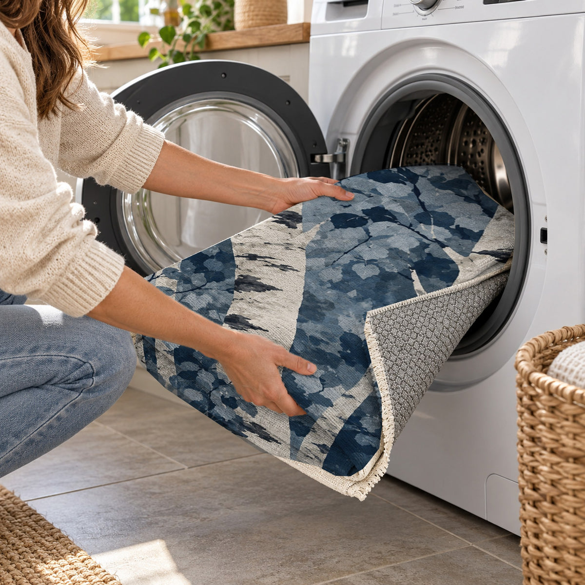 Birch Grove Indigo Floral Washable Rug — washing machine