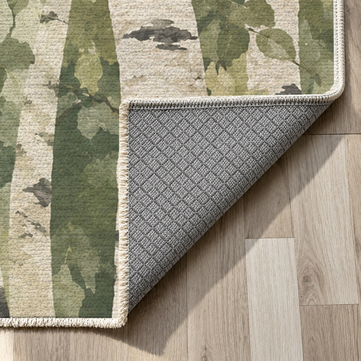 Birch Grove Sage Floral Washable Rug — backing close up