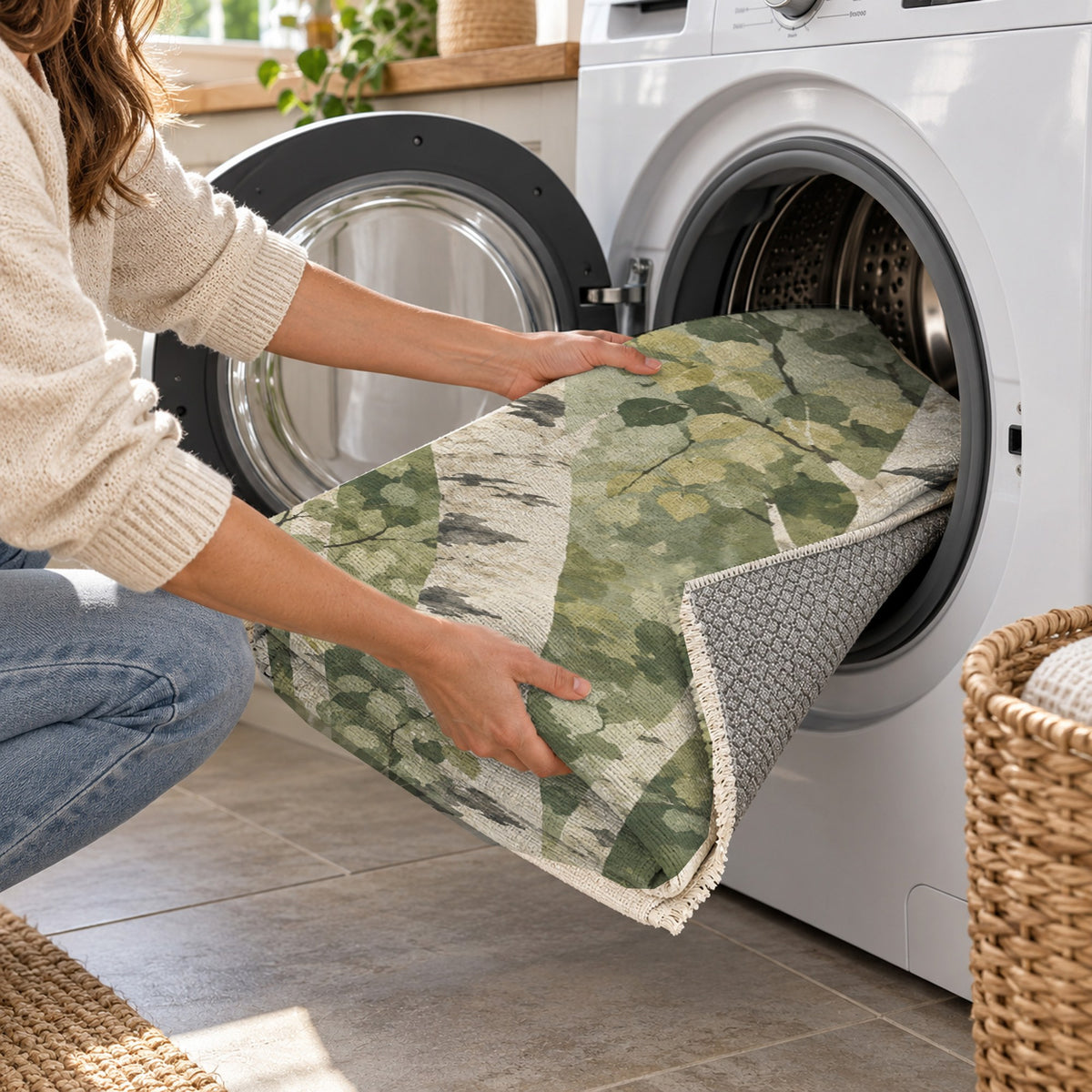 Birch Grove Sage Floral Washable Rug — washing machine