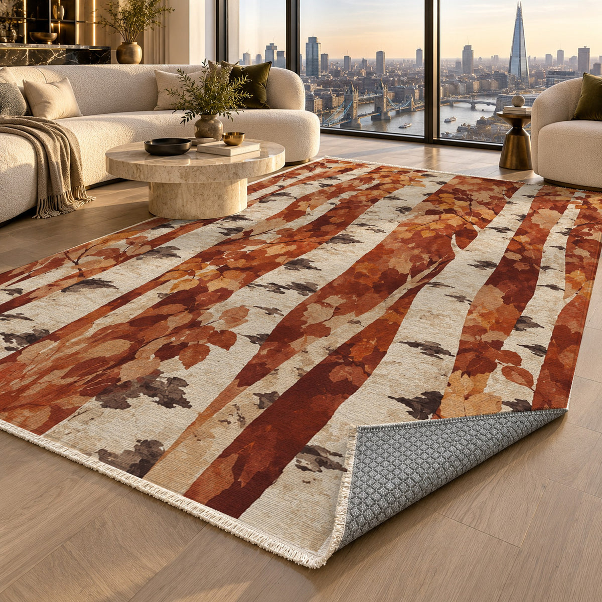 Birch Grove Terracotta Floral Washable Rug — london luxury living