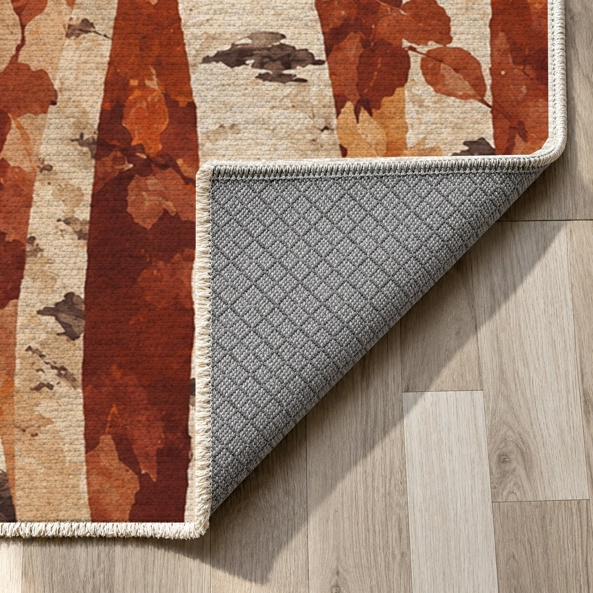 Birch Grove Terracotta Floral Washable Rug — backing close up