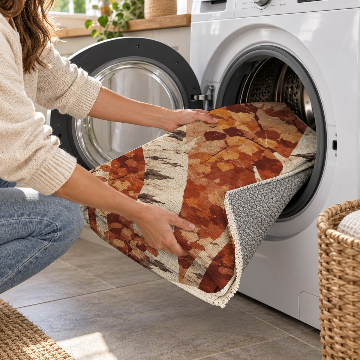 Birch Grove Terracotta Floral Washable Rug — washing machine