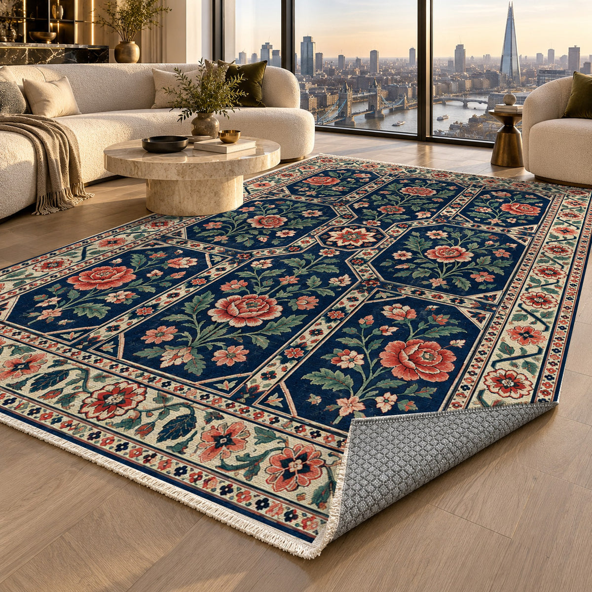 Botanical Panels Indigo Rose Ethnic Washable Rug — london luxury living
