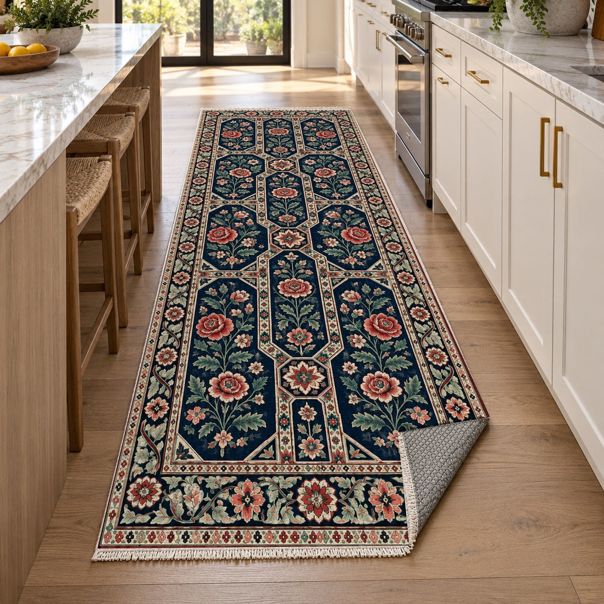 Botanical Panels Indigo Rose Ethnic Washable Rug — new york kitchen runner