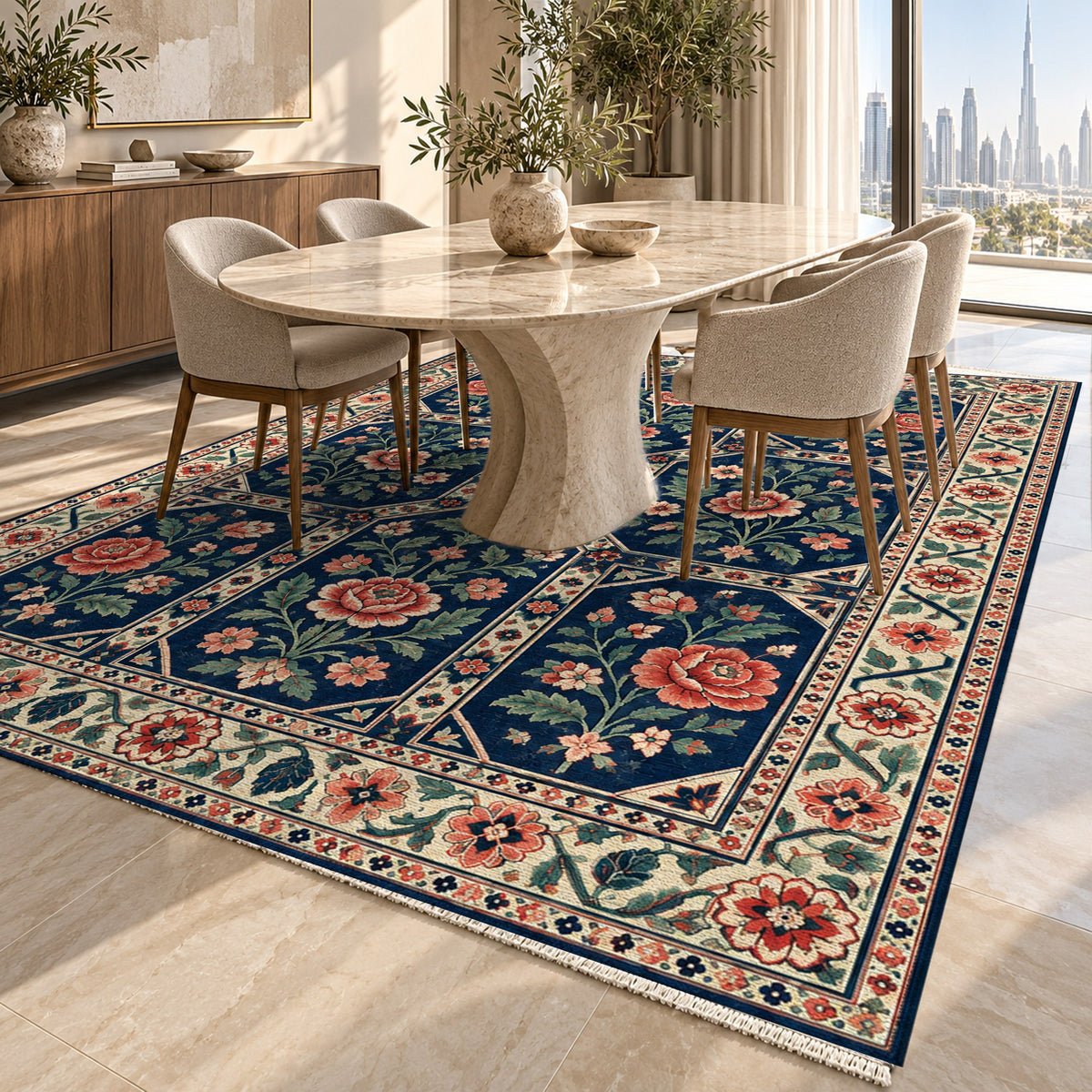 Botanical Panels Indigo Rose Ethnic Washable Rug — dubai dining