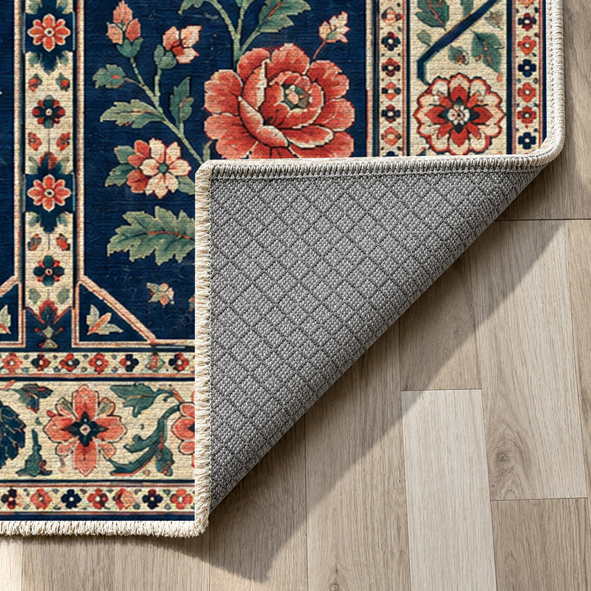 Botanical Panels Indigo Rose Ethnic Washable Rug — backing close up