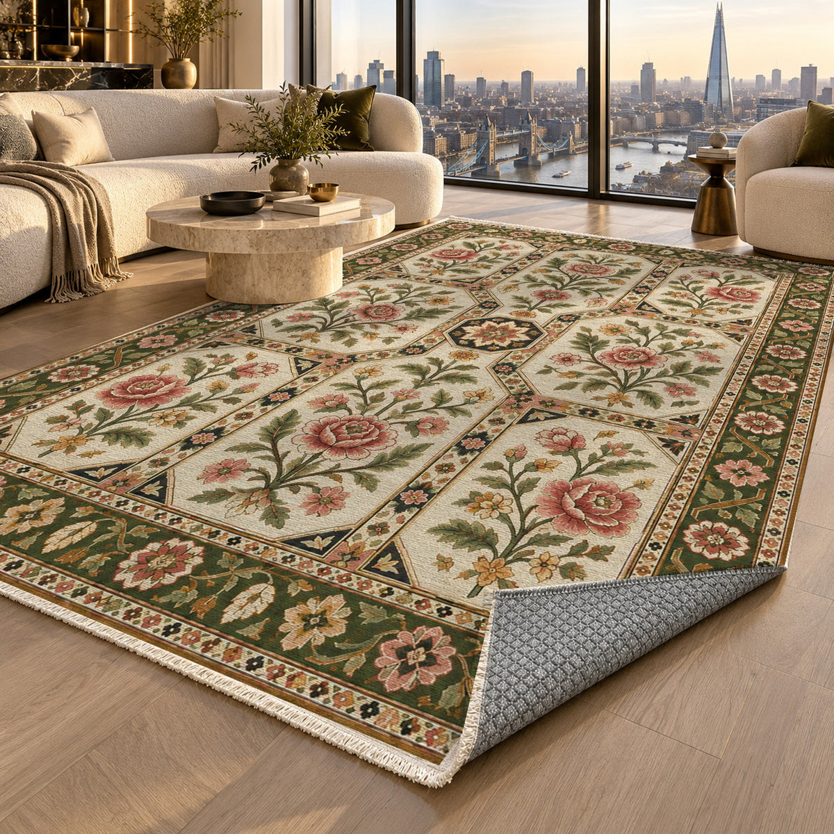 Botanical Panels Ivory Olive Ethnic Washable Rug — london luxury living