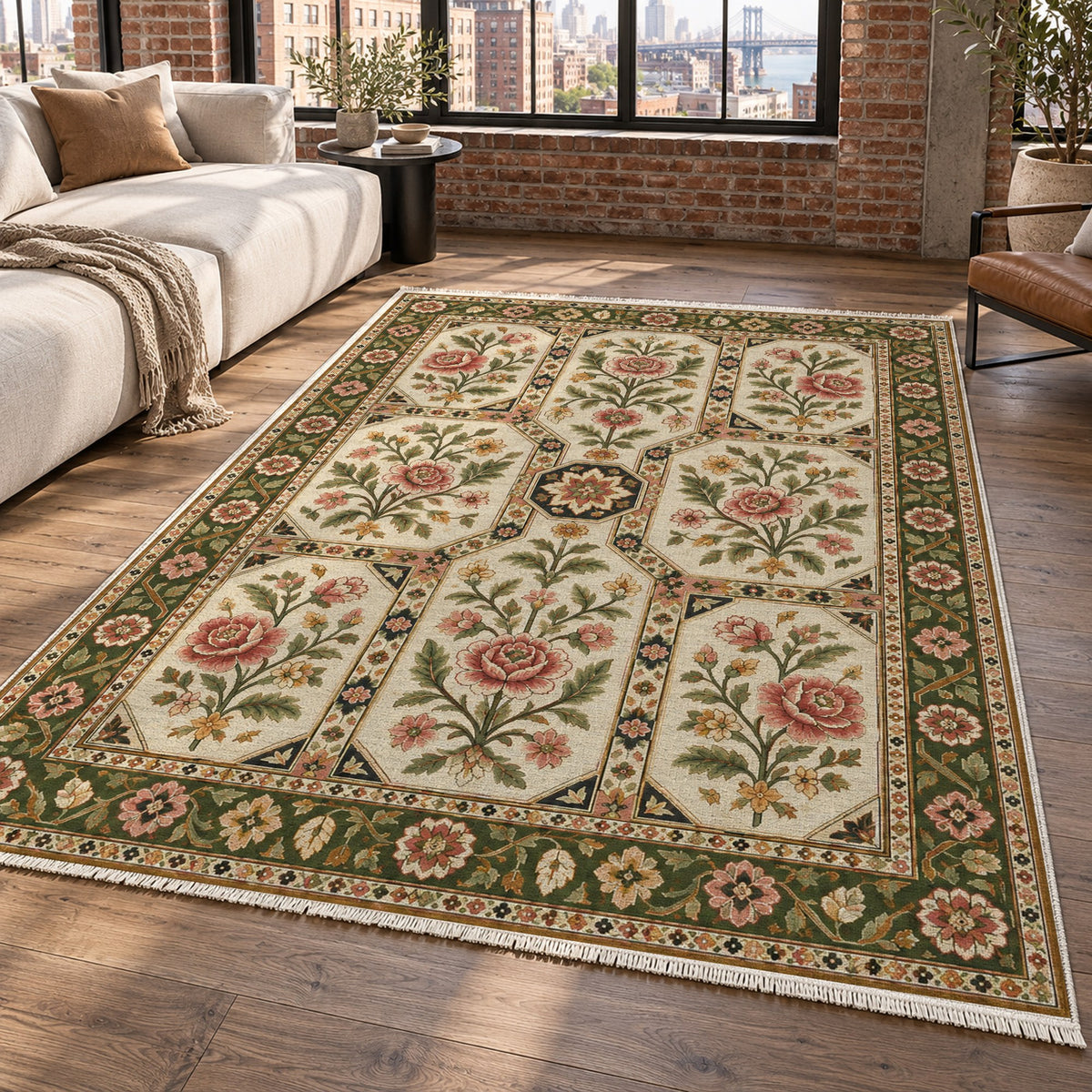 Botanical Panels Ivory Olive Ethnic Washable Rug — new york living