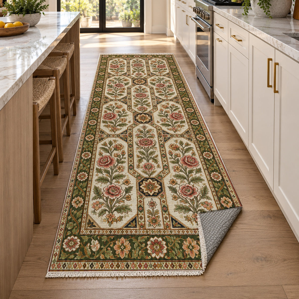 Botanical Panels Ivory Olive Ethnic Washable Rug — new york kitchen runner
