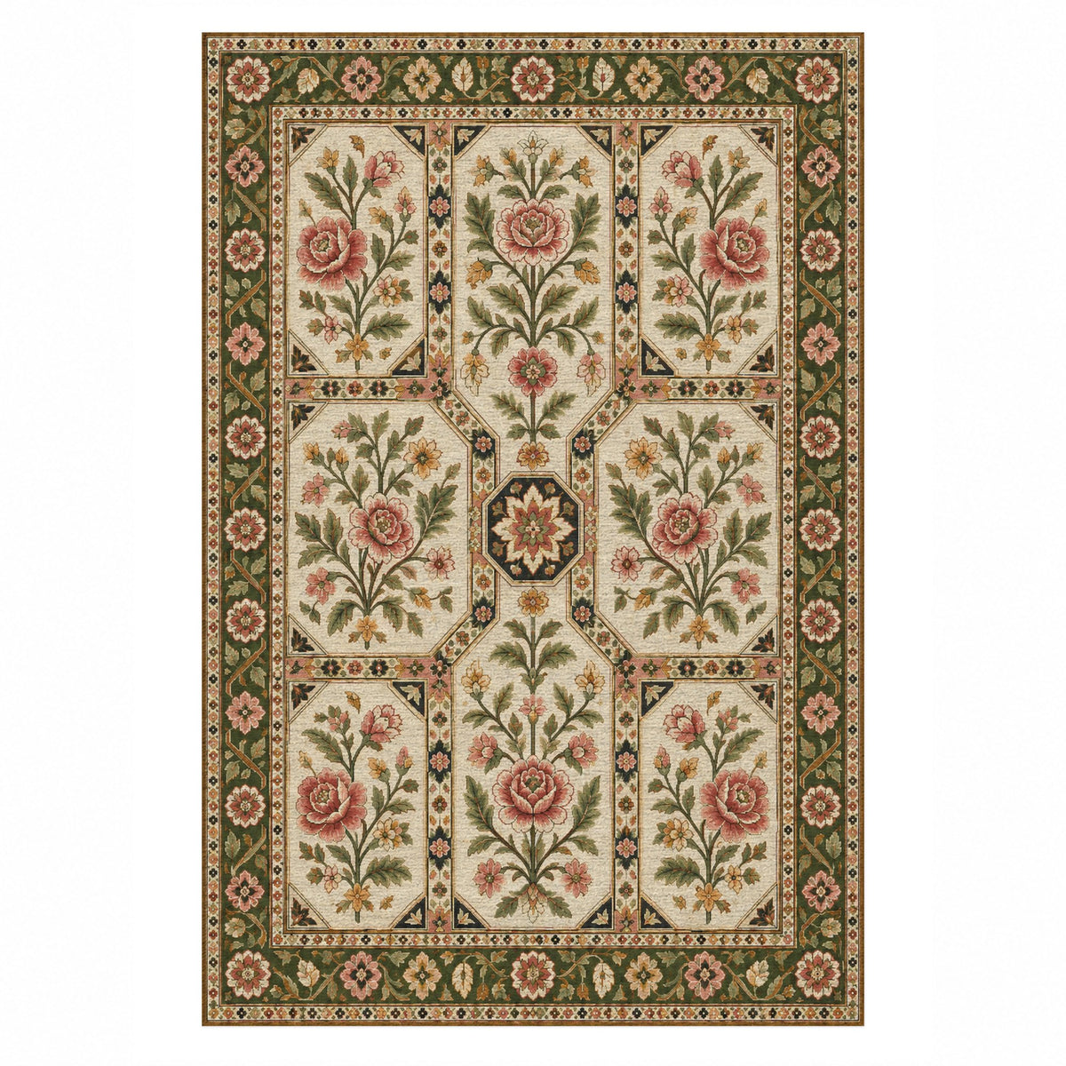 Botanical Panels Ivory Olive Ethnic Washable Rug — top view