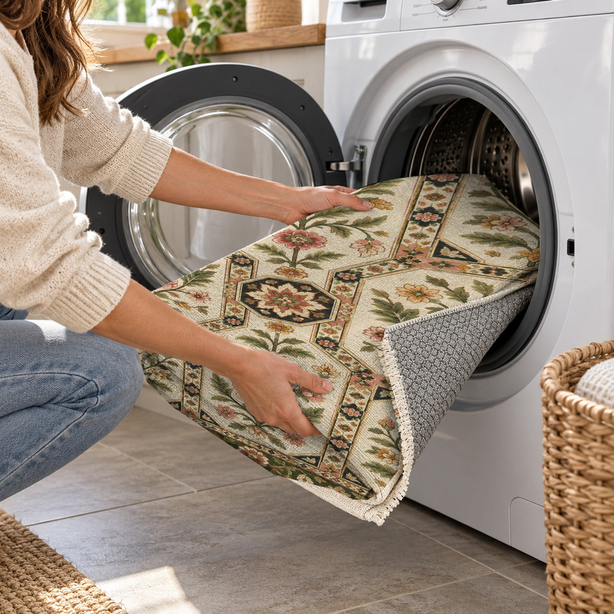 Botanical Panels Ivory Olive Ethnic Washable Rug — washing machine