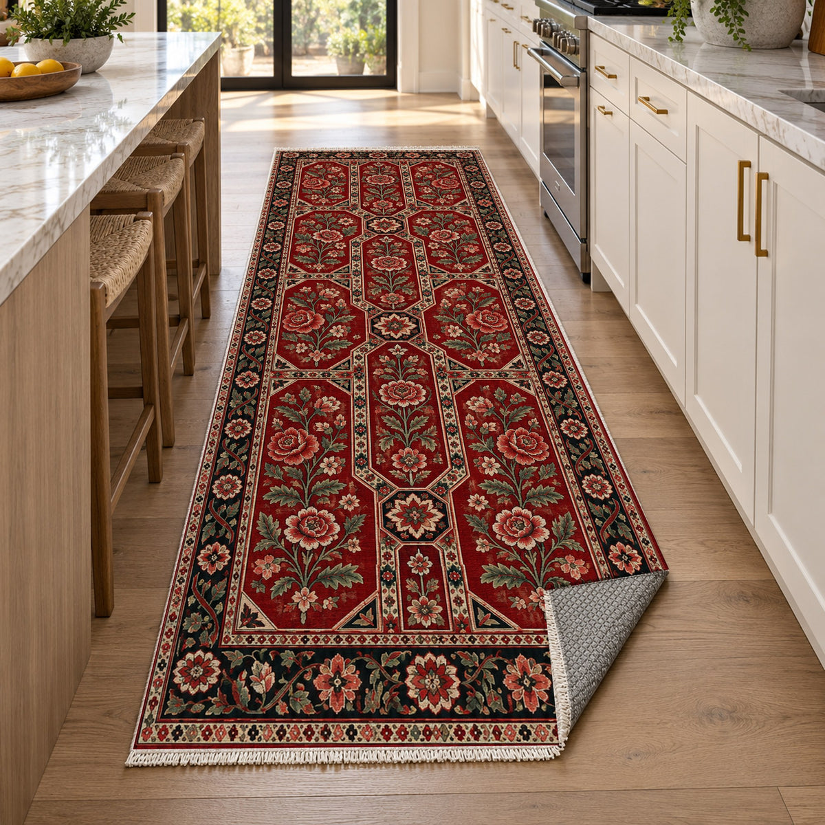 Botanical Panels Ruby Midnight Ethnic Washable Rug — new york kitchen runner