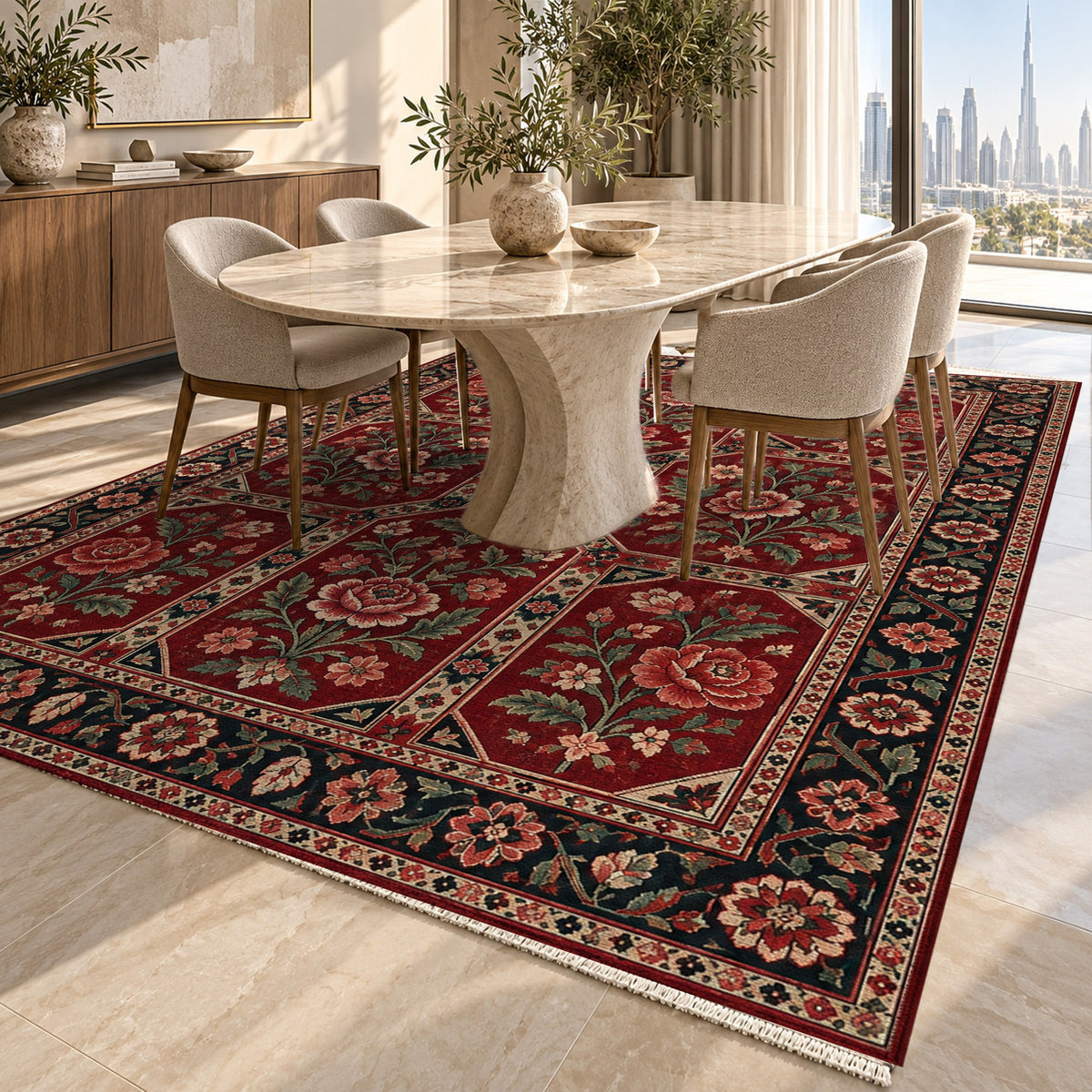 Botanical Panels Ruby Midnight Ethnic Washable Rug — dubai dining