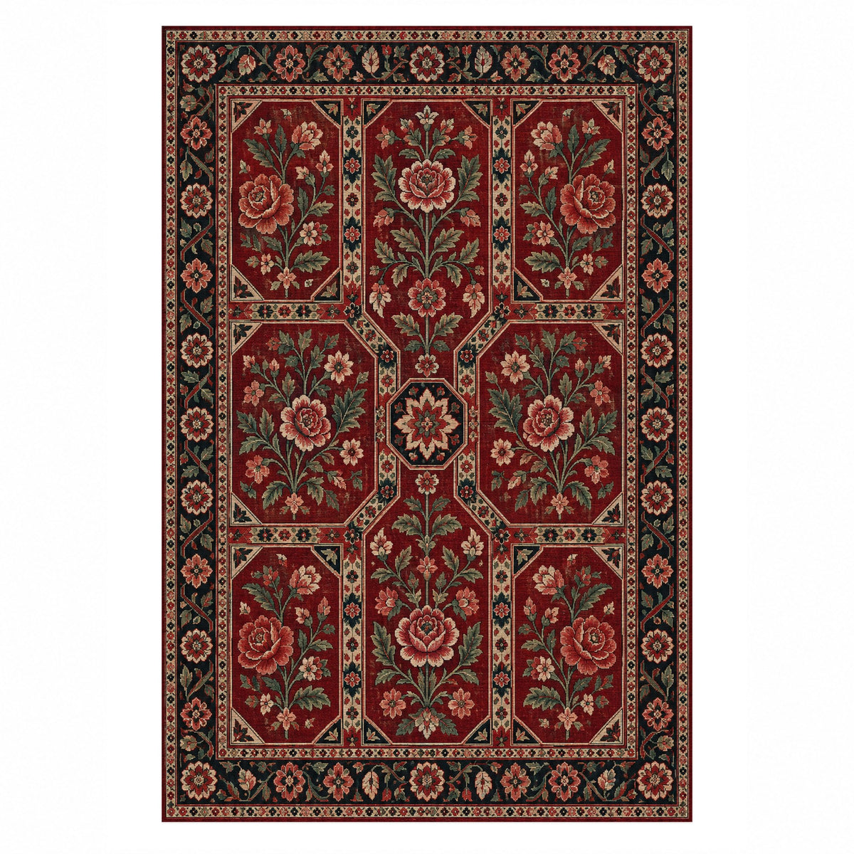 Botanical Panels Ruby Midnight Ethnic Washable Rug — top view