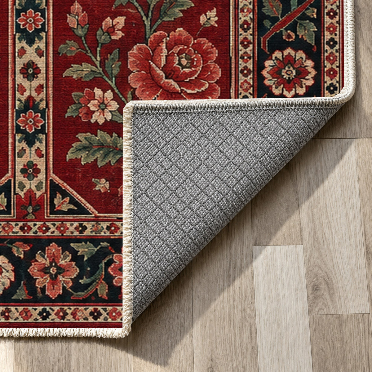 Botanical Panels Ruby Midnight Ethnic Washable Rug — backing close up