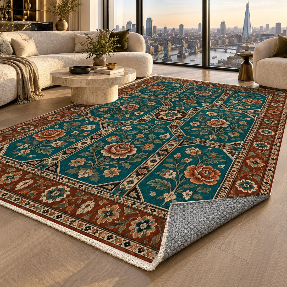 Botanical Panels Turquoise Copper Ethnic Washable Rug — london luxury living
