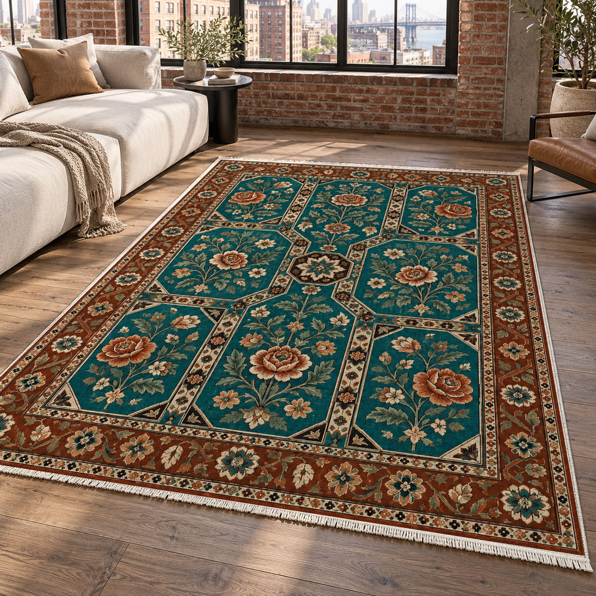 Botanical Panels Turquoise Copper Ethnic Washable Rug — new york living