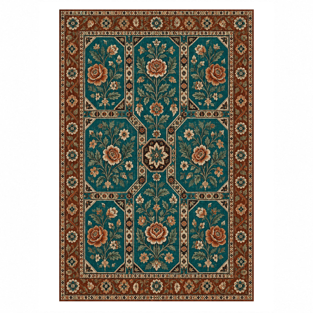 Botanical Panels Turquoise Copper Ethnic Washable Rug — top view