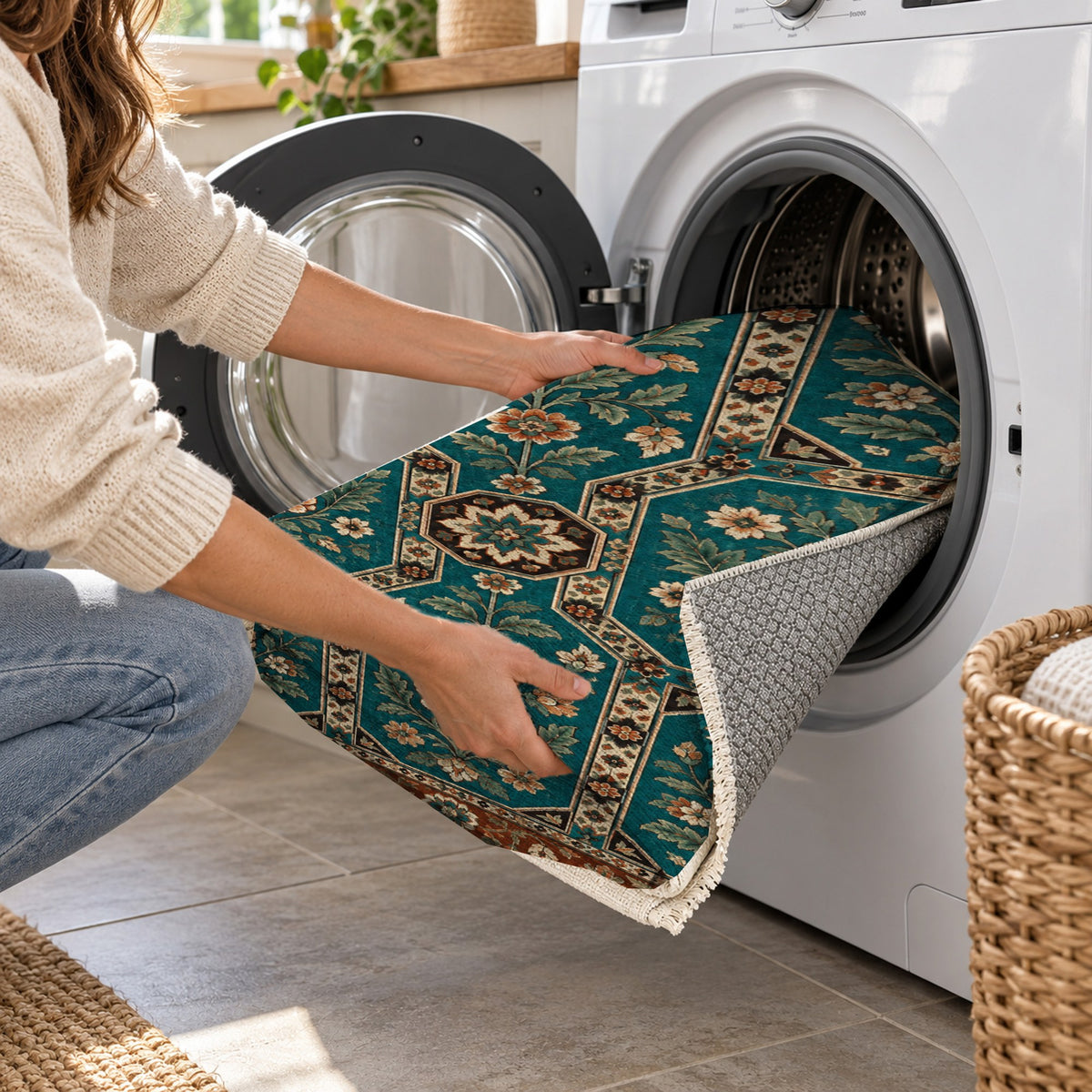 Botanical Panels Turquoise Copper Ethnic Washable Rug — washing machine