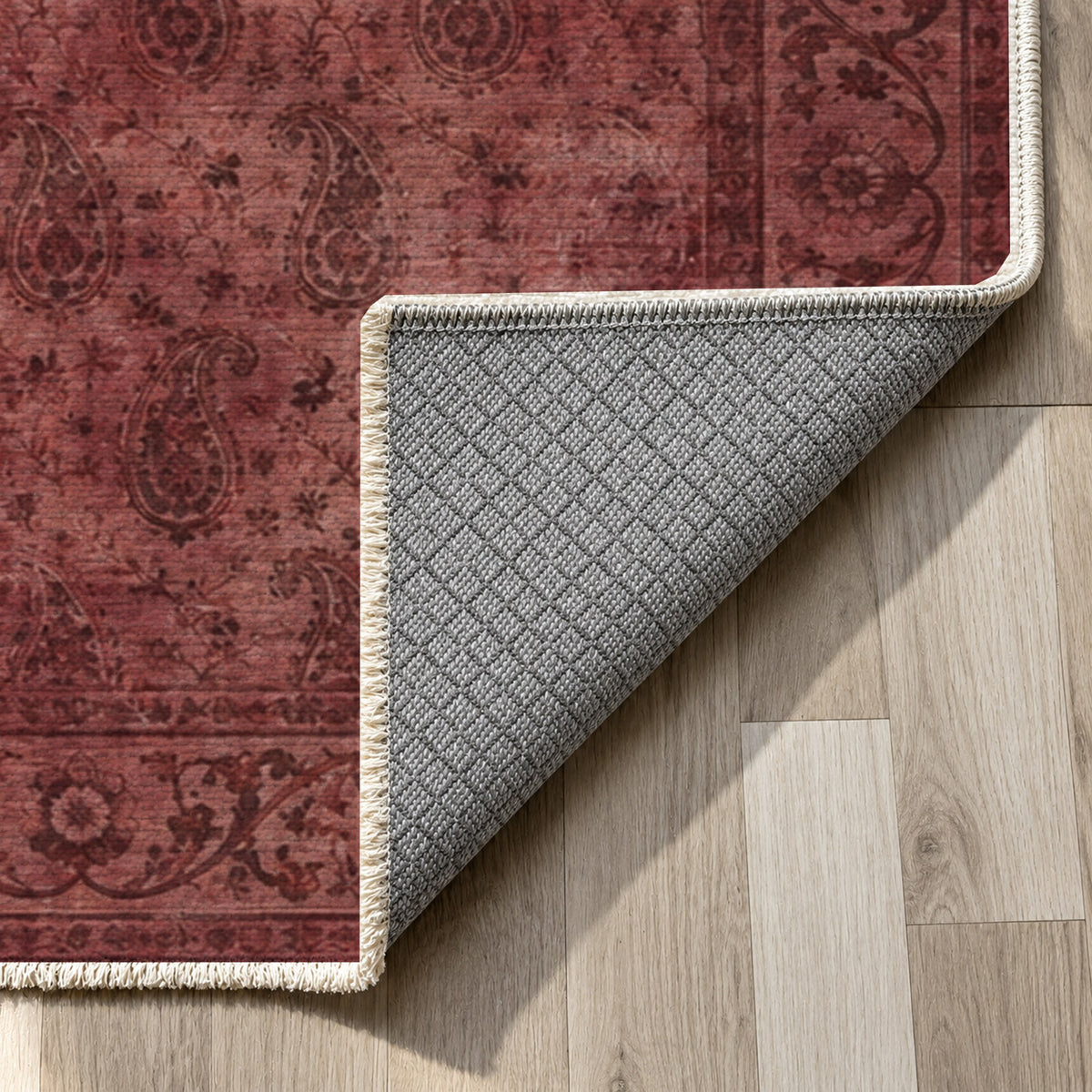 Boteh Wash Burgundy Red Vintage Washable Rug — backing close up