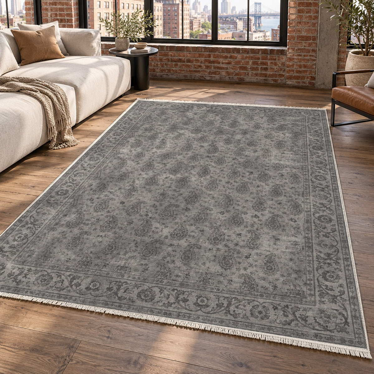 Boteh Wash Charcoal Silver Vintage Washable Rug — new york living