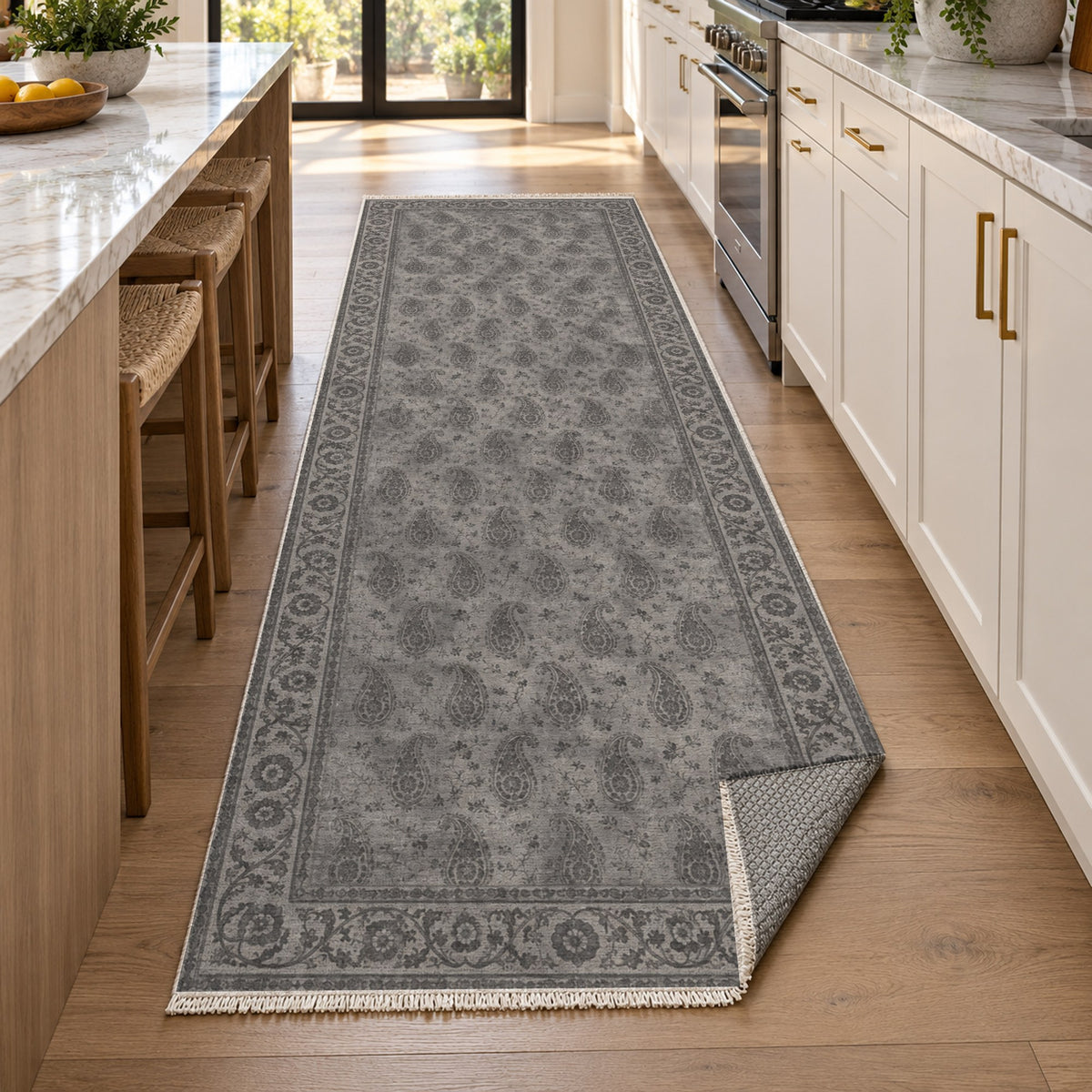 Boteh Wash Charcoal Silver Vintage Washable Rug — new york kitchen runner