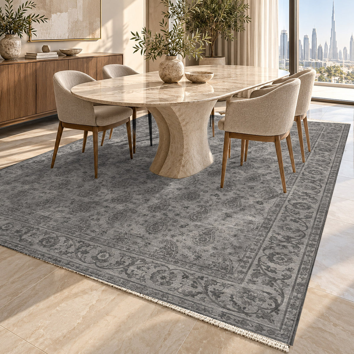 Boteh Wash Charcoal Silver Vintage Washable Rug — dubai dining