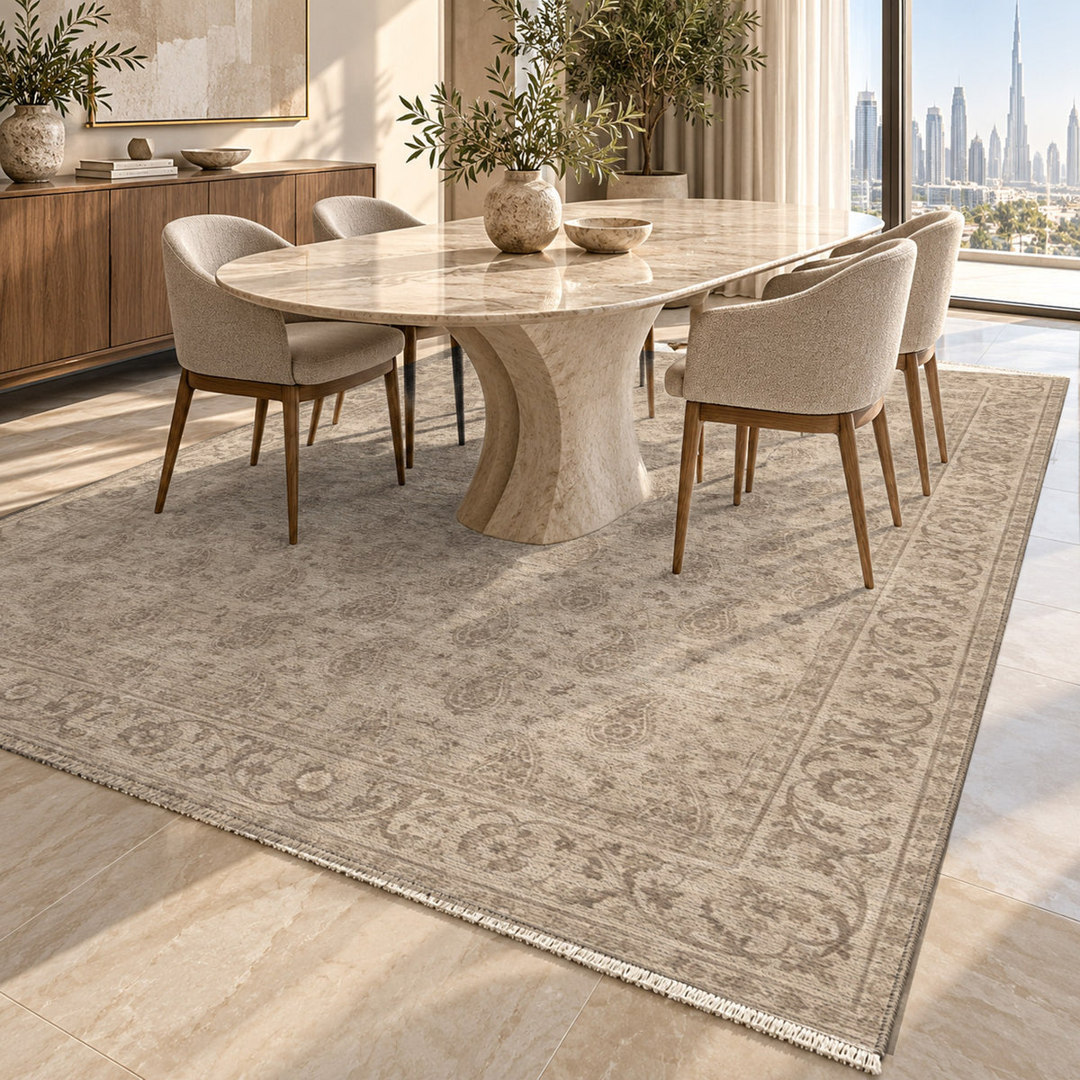 Boteh Wash Ivory Taupe Vintage Washable Rug — dubai dining