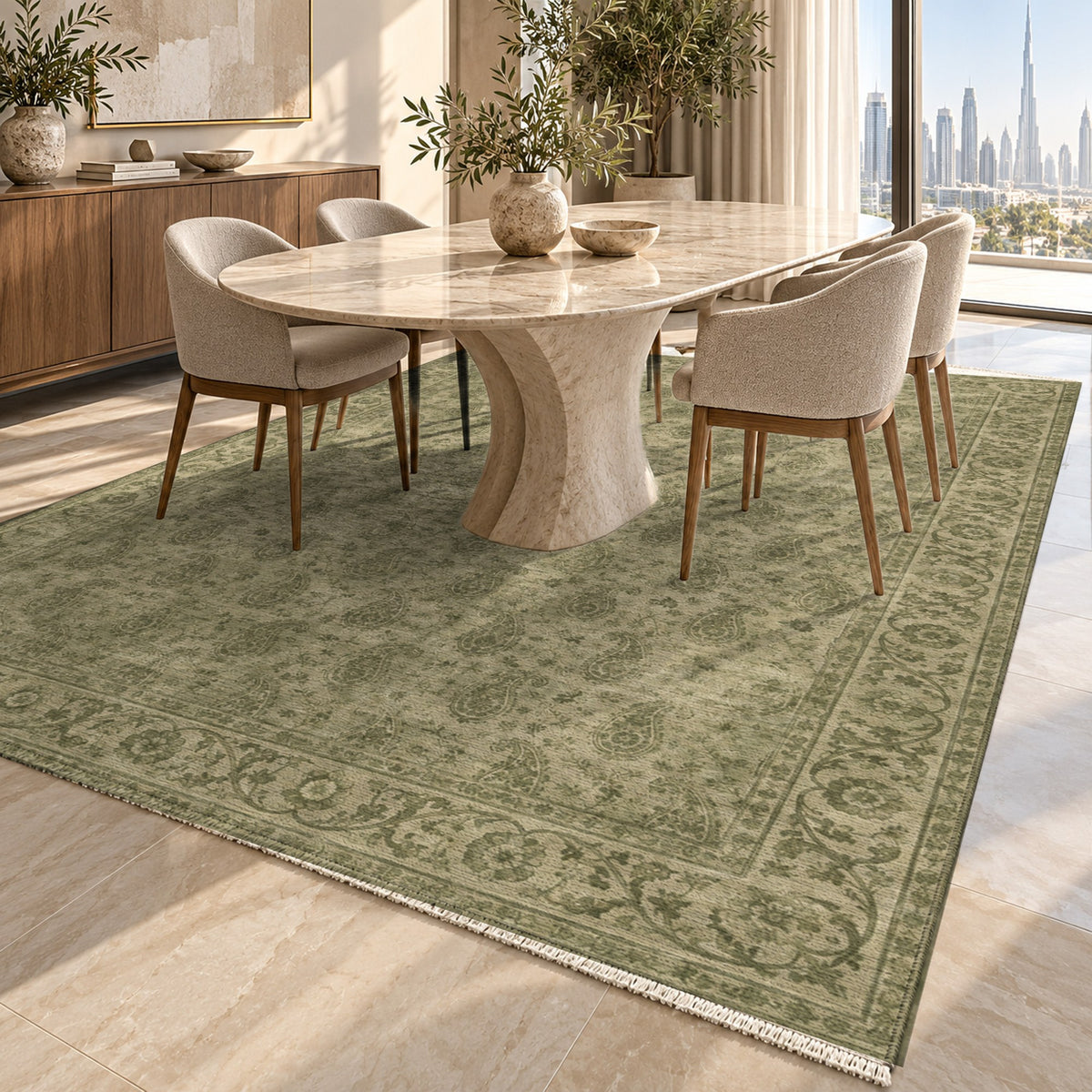 Boteh Wash Olive Green Vintage Washable Rug — dubai dining