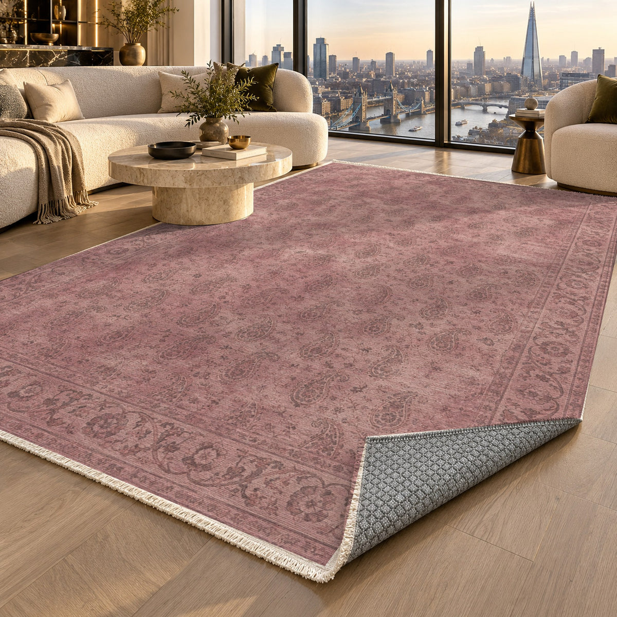 Boteh Wash Rose Pink Vintage Washable Rug — london luxury living