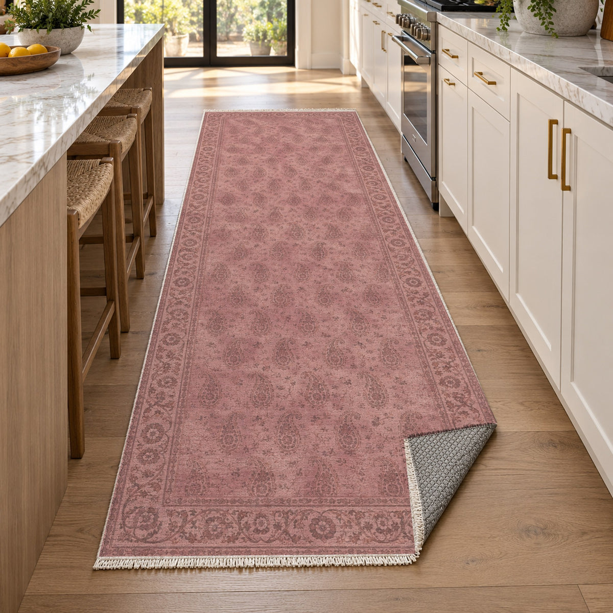 Boteh Wash Rose Pink Vintage Washable Rug — new york kitchen runner