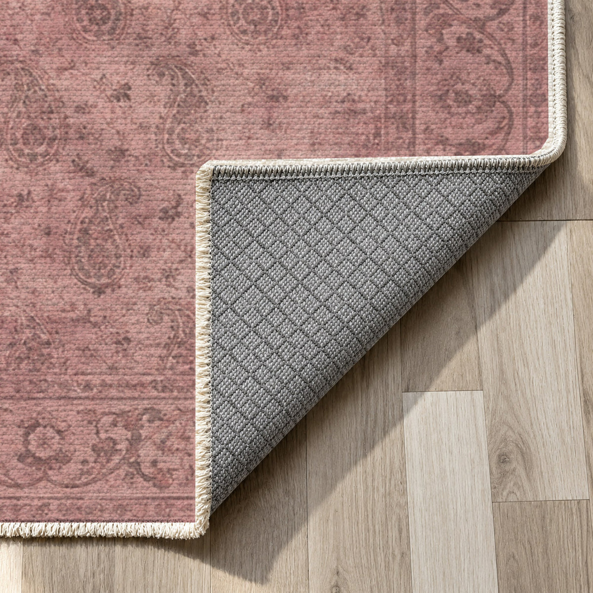 Boteh Wash Rose Pink Vintage Washable Rug — backing close up