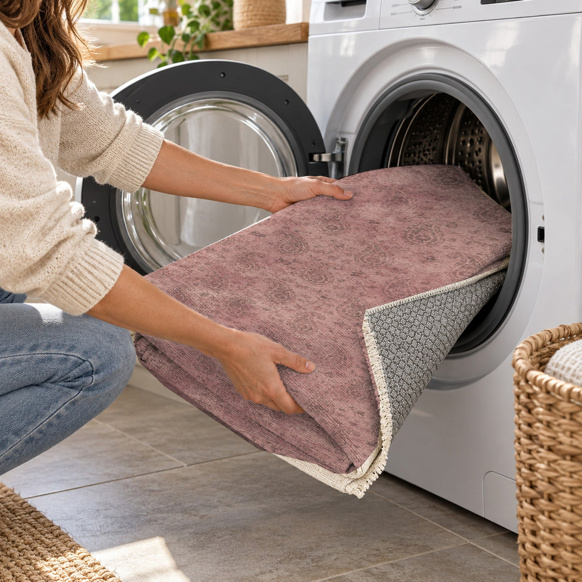 Boteh Wash Rose Pink Vintage Washable Rug — washing machine