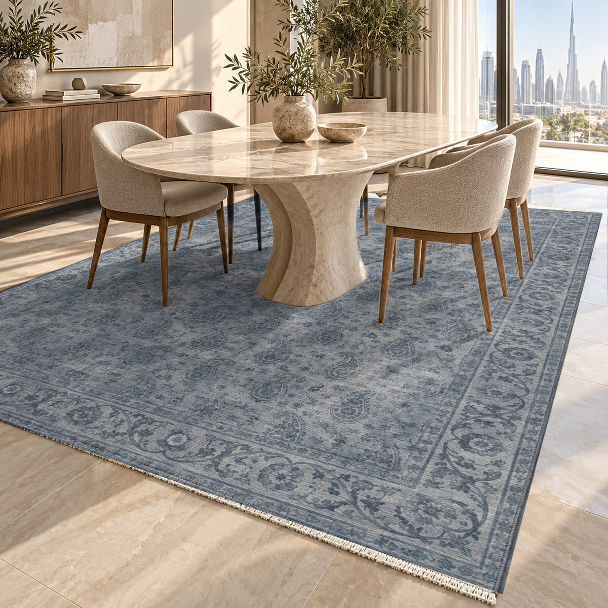 Boteh Wash Slate Blue Vintage Washable Rug — dubai dining