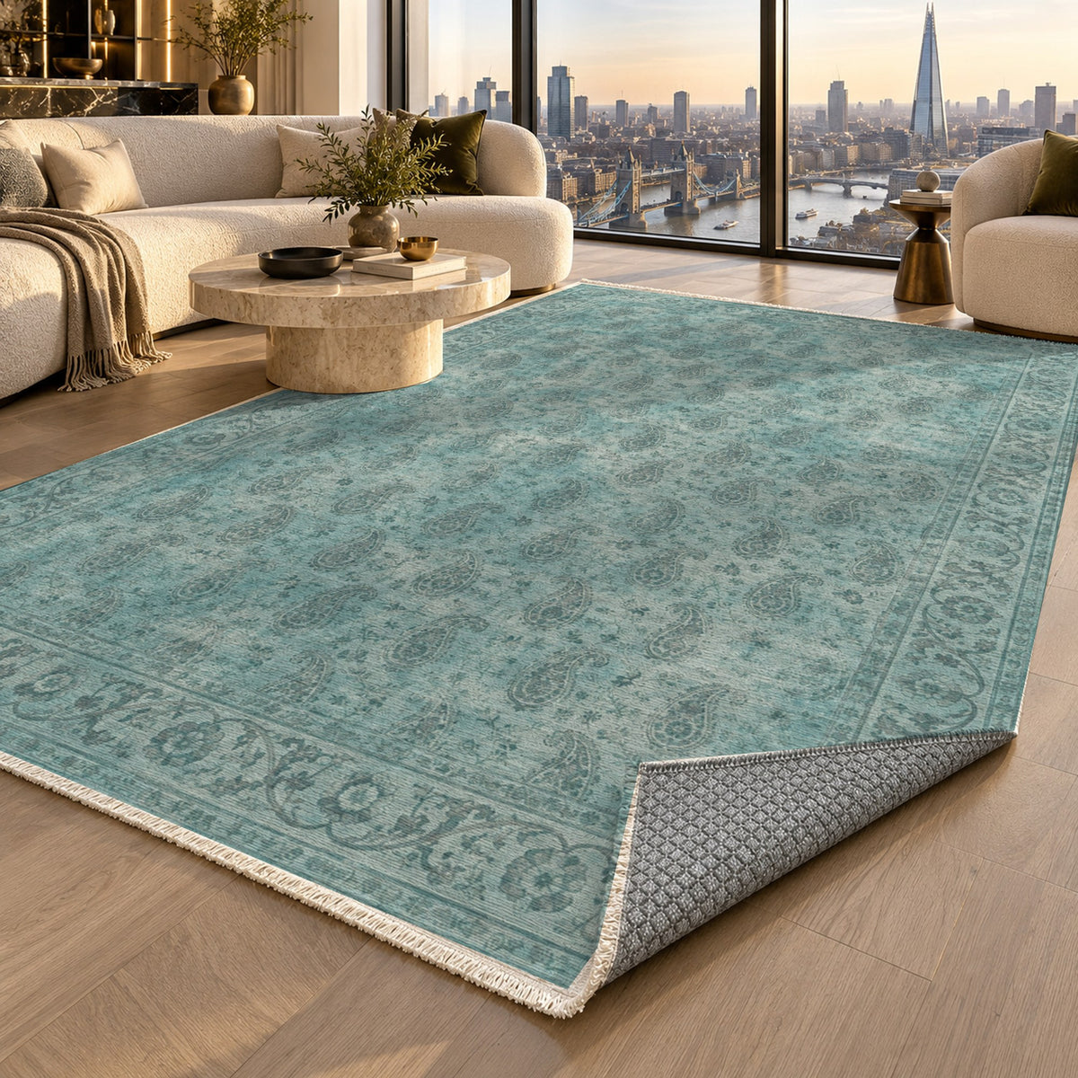 Boteh Wash Turquoise Blue Vintage Washable Rug — london luxury living