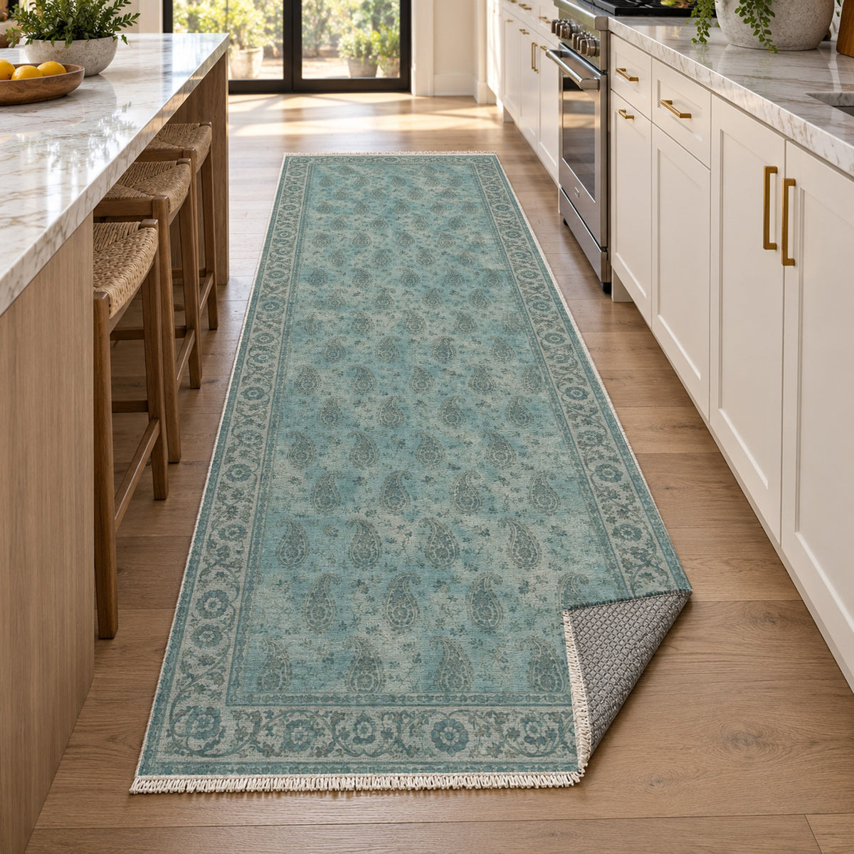 Boteh Wash Turquoise Blue Vintage Washable Rug — new york kitchen runner