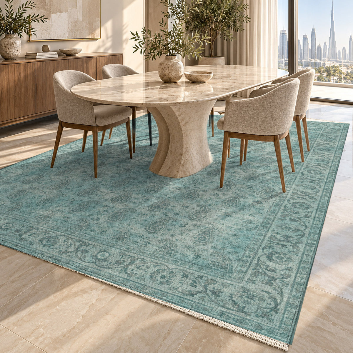 Boteh Wash Turquoise Blue Vintage Washable Rug — dubai dining