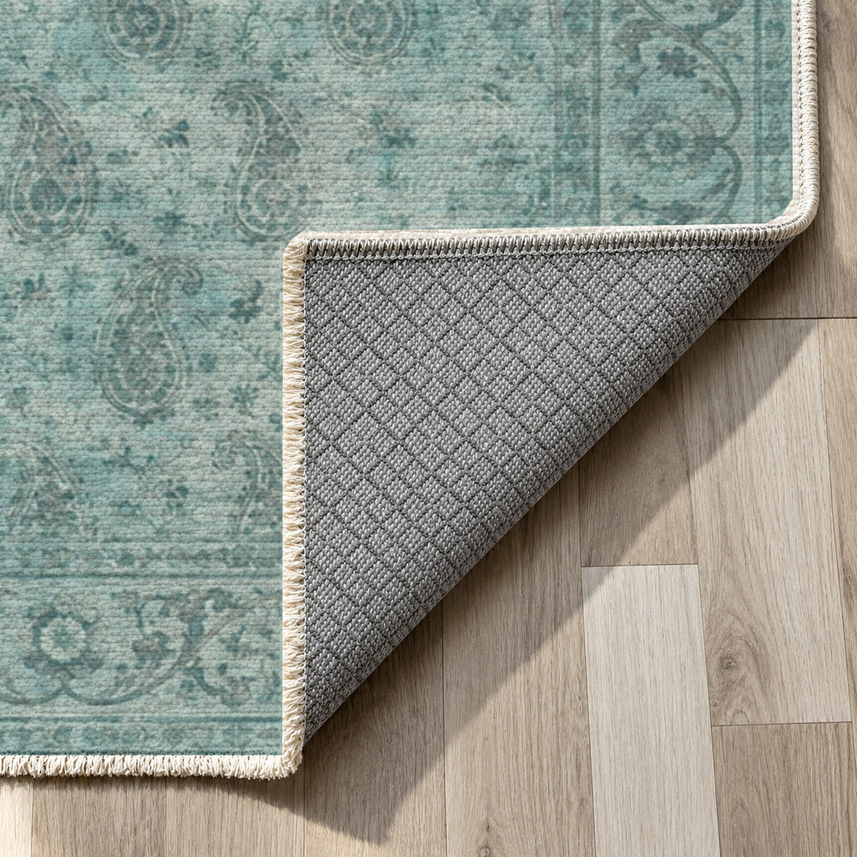 Boteh Wash Turquoise Blue Vintage Washable Rug — backing close up