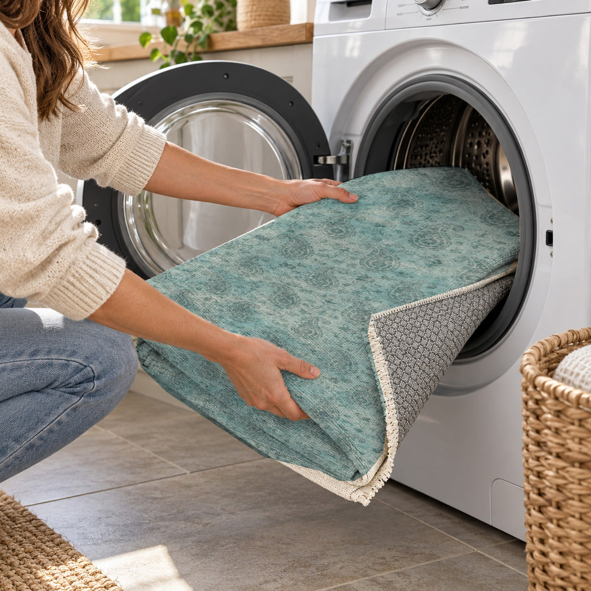 Boteh Wash Turquoise Blue Vintage Washable Rug — washing machine