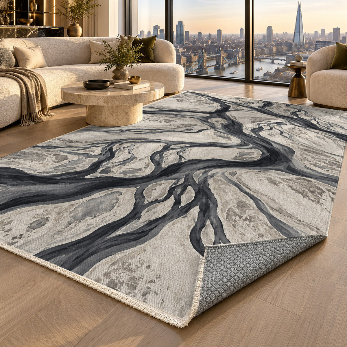 Braided Channels Charcoal Abstract Washable Rug — london luxury living