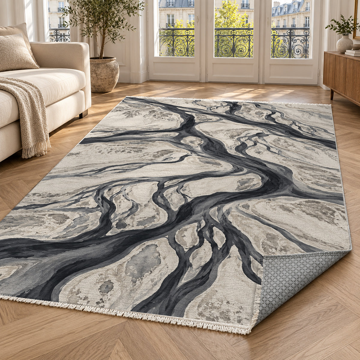 Braided Channels Charcoal Abstract Washable Rug — paris living
